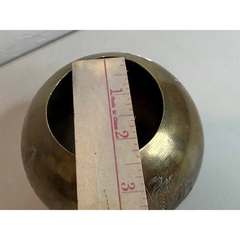 Vintage Round Brass Etched Bowl ball-shaped pot style vase